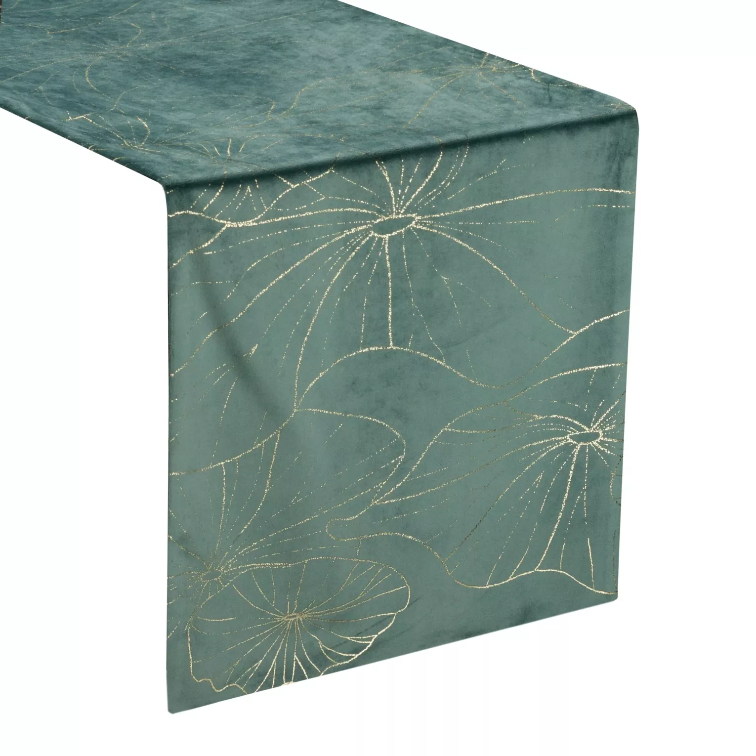 Bieżnik na stół ciemnomiętowo, złocisty 35x220 cm welwetowy BLINK 15 z liśćmi lilii wodnej