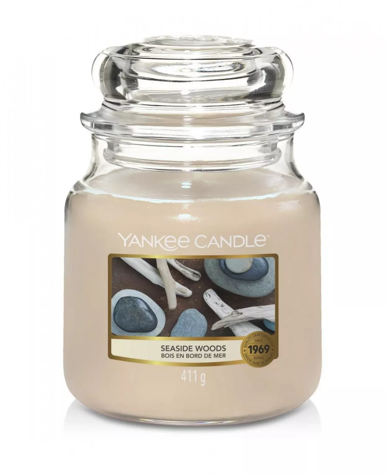 Średnia świeca zapachowa w szklanym słoiku z pokrywką YANKEE CANDLE o zapachu  Seaside Woods