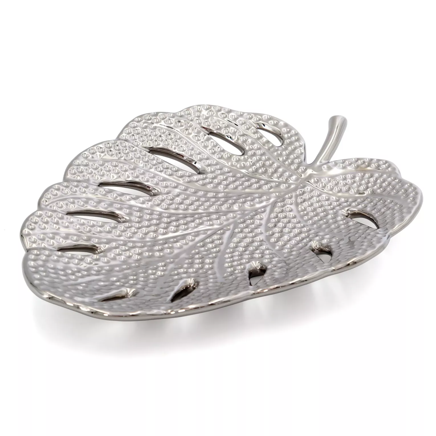 Patera dekoracyjna srebrna w kształcie liścia monstery 25x19x4 cm KARLO Eurofirany