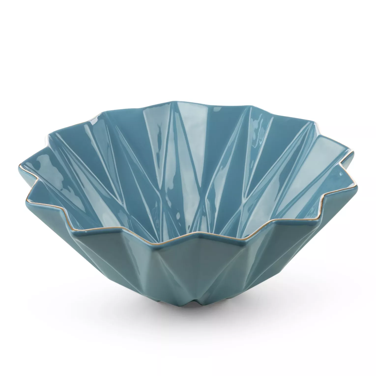 Patera ceramiczna dekoracyjna niebiesko-złota  z geometrycznymi wytłoczeniami średnica 28x11 cm ALANI Eurofirany