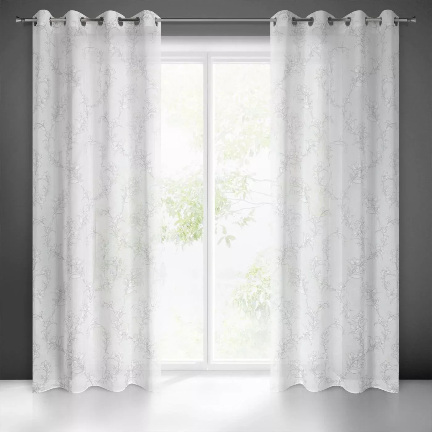 Zasłona biało, popielata ze wzorem kwiatowym z etaminy 140x250 cm przelotka FIORE Eurofirany