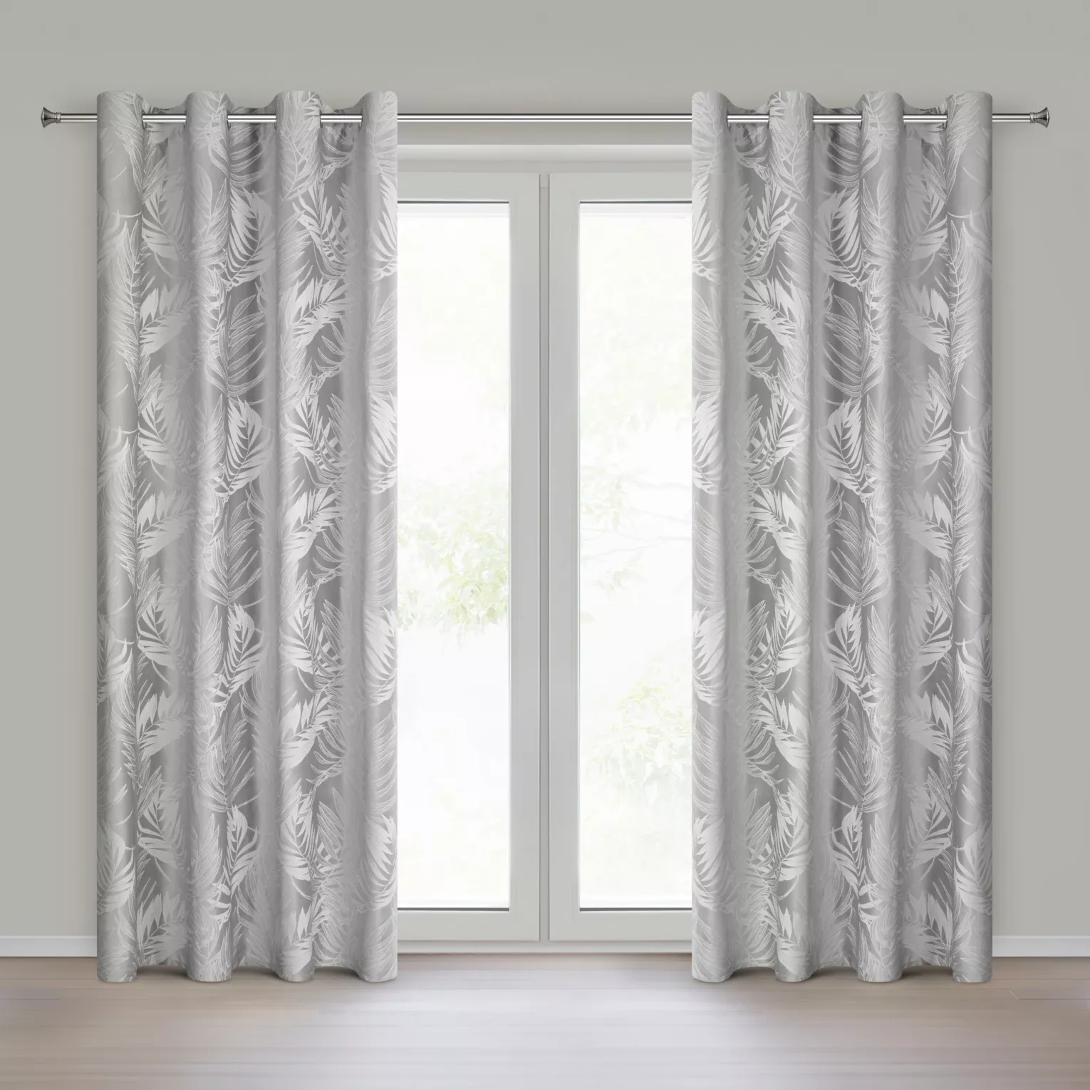 Zasłona srebrna welwetowa zdobiona motywem palmowych liści 140x250 cm przelotka - VERA Eurofirany