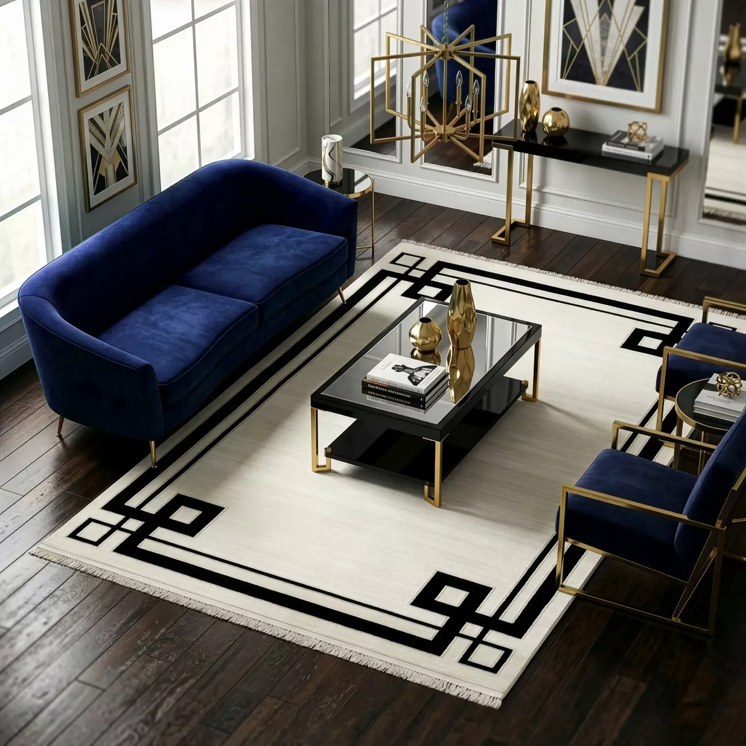 Dywan 60x100 cm jasnoszary, czarny zdobiony elegancką geometryczną ramką AURA 3 Eurofirany