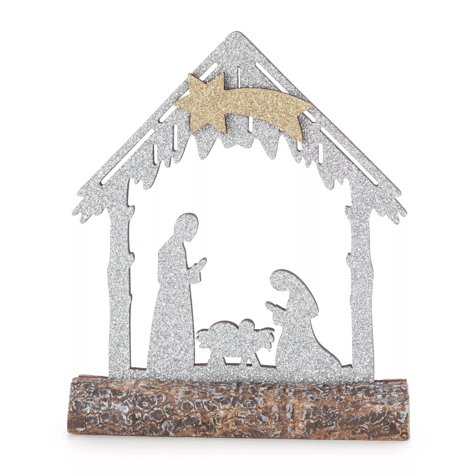 Ozdoba świąteczna szopka Bożonarodzeniowa z datkiem srebrnego brokatu 13x18 cm Eurofirany