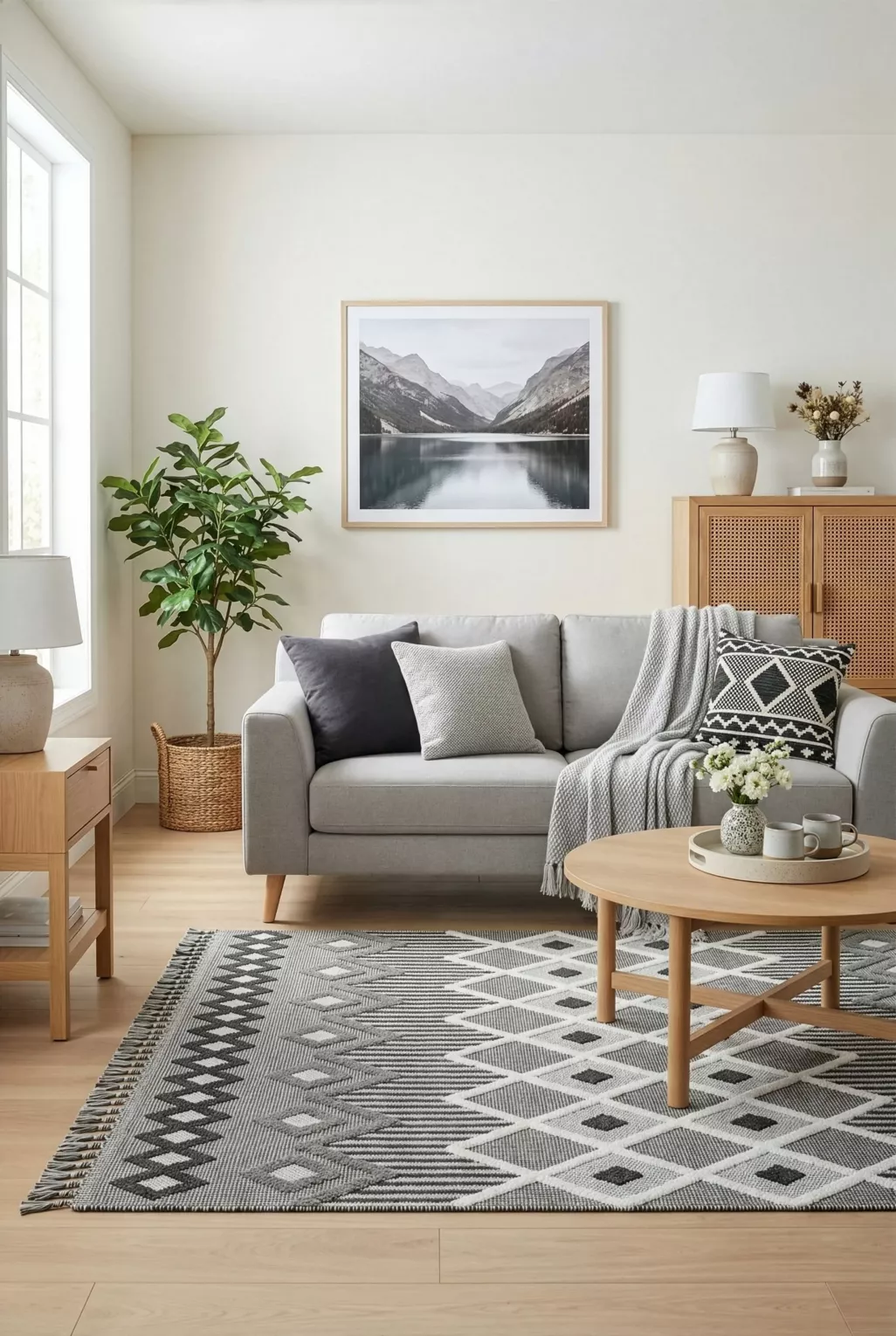 Dywan 80x200 cm grafotowo jasnoszary zdobiony motywem geometrycznym z frędzlami LINDA3 BOHO Eurofirany