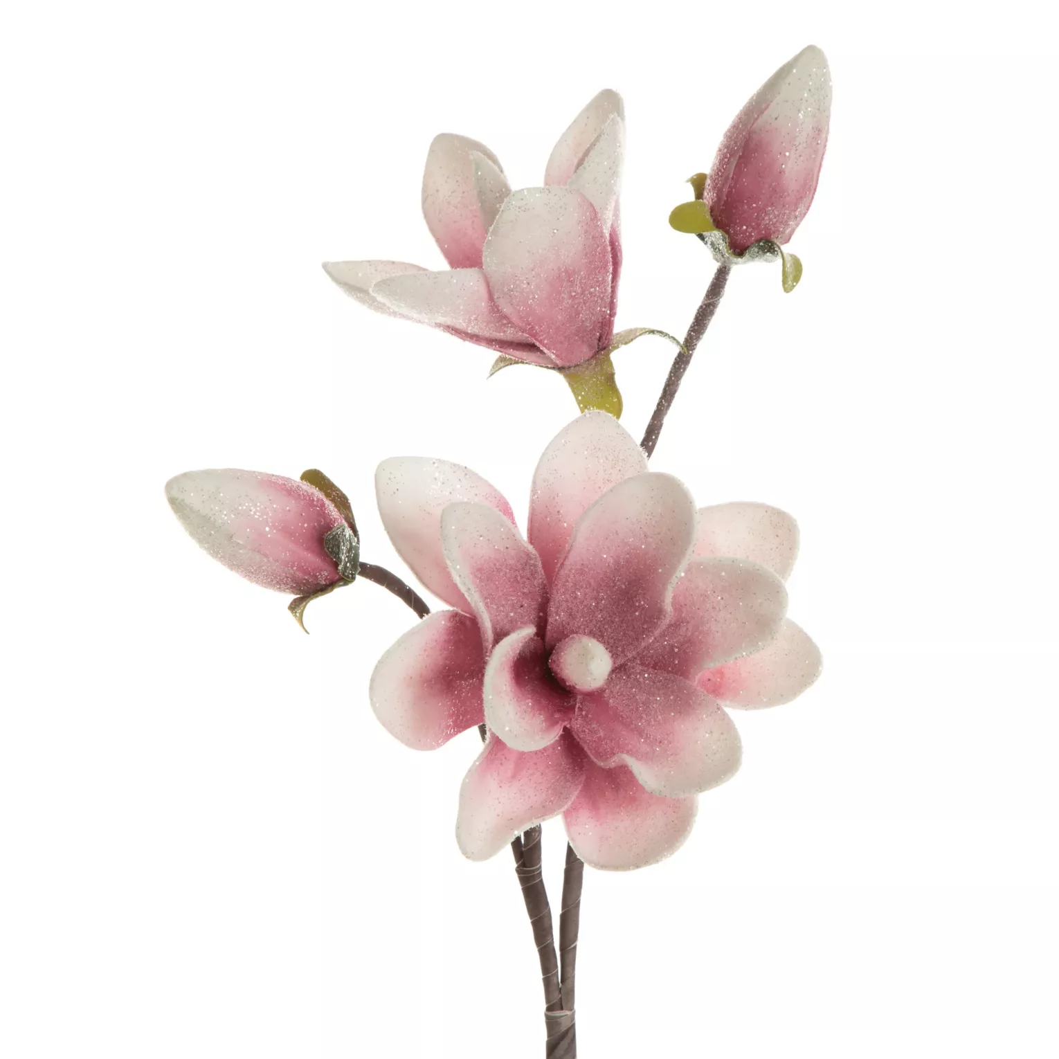 Kwiat sztuczny magnolii różowo, srebrny oprószony brokatem z plastycznej pianki foamiran 59 cm