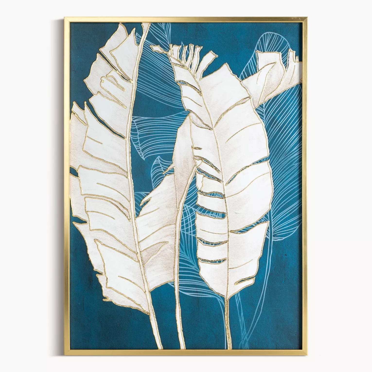 Obraz roślinny turkusowo, złoty nadruk na płótnie z motywem liści bananowca 50x70 cm  Eurofirany