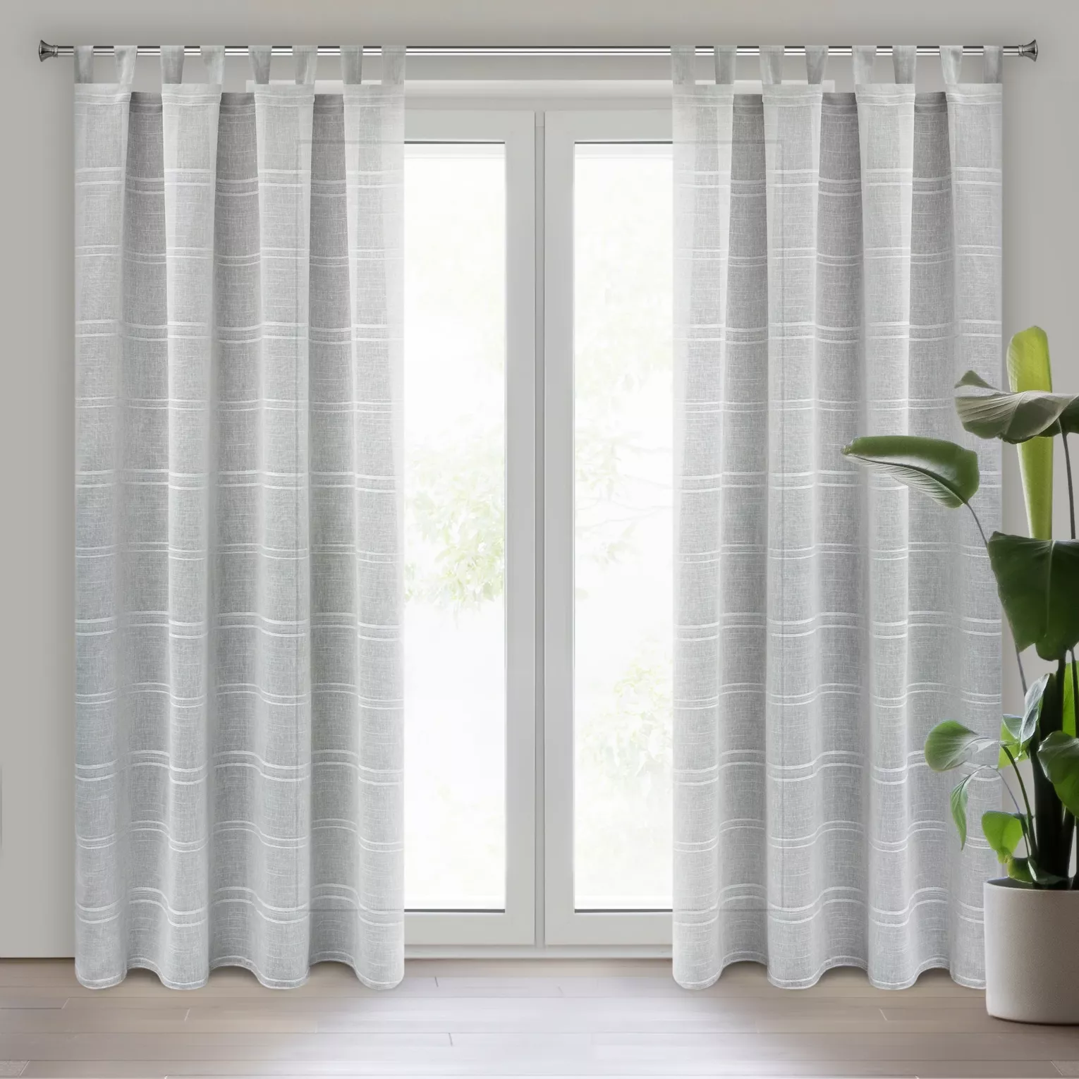 Firana srebrna z etaminy zdobiona szenilowymi paseczkami 140x250 cm szelki  -  ARCADIA Eurofirany