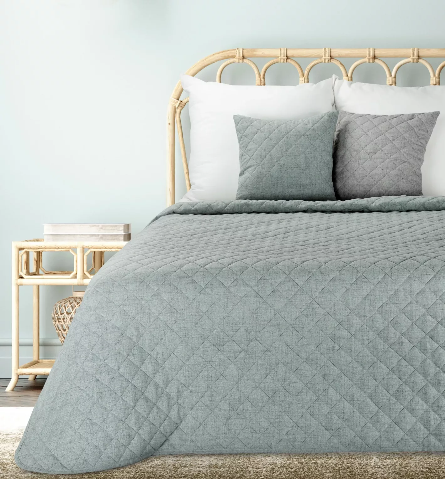 Narzuta o strukturze lnu miętowa 170x210 cm pikowana metodą hot press LEN 1 EUROFIRANY PREMIUM