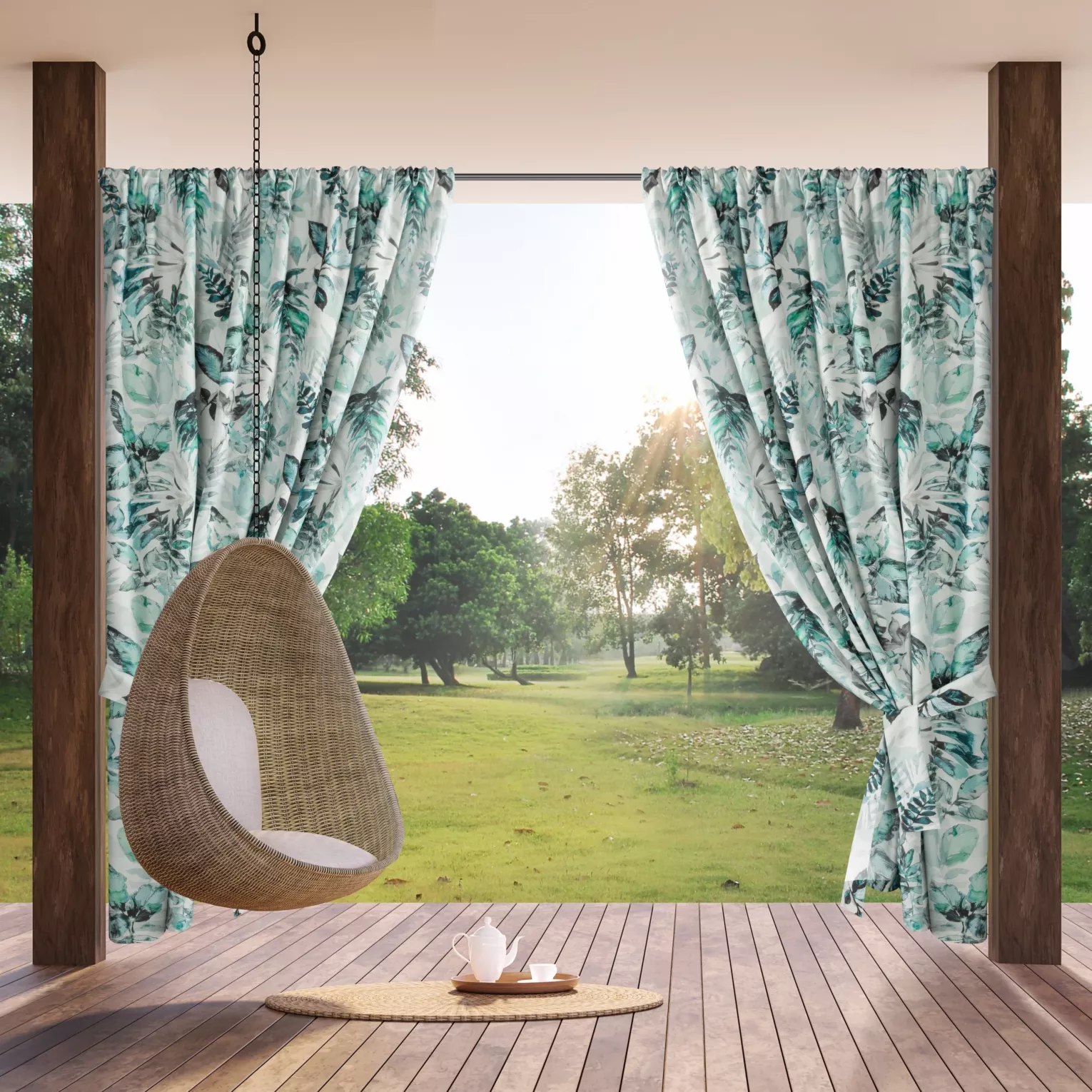 Zasłona biało, zielona z wodoodpornej tkaniny idealna do ogrodu i na taras 155x200 cm tunel GARDEN 2 Eurofirany
