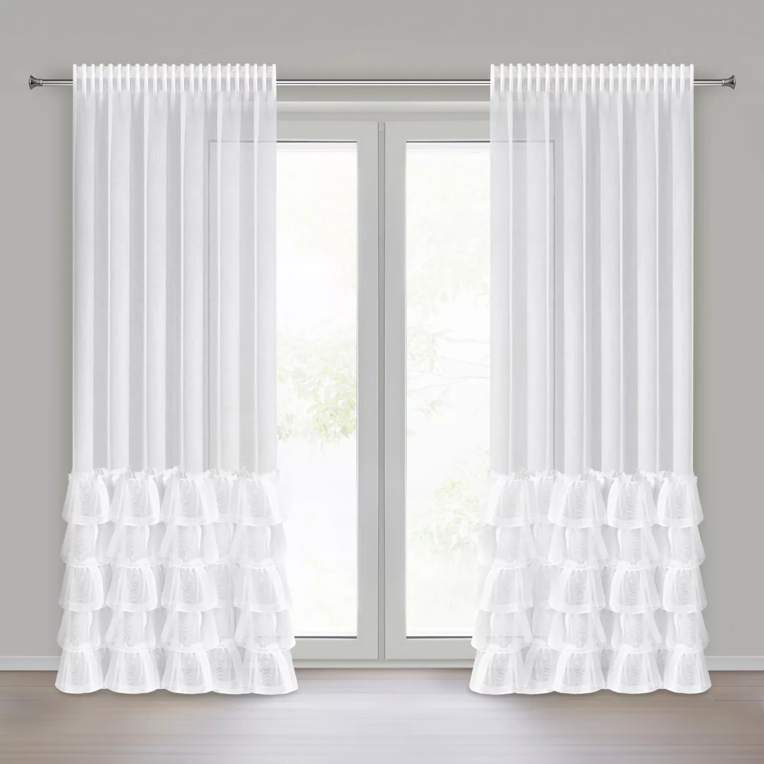 Firana biała z tkaniny aden z pięcioma falbanami 140x270 cm taśma CHARLOTTE 3 Eurofirany