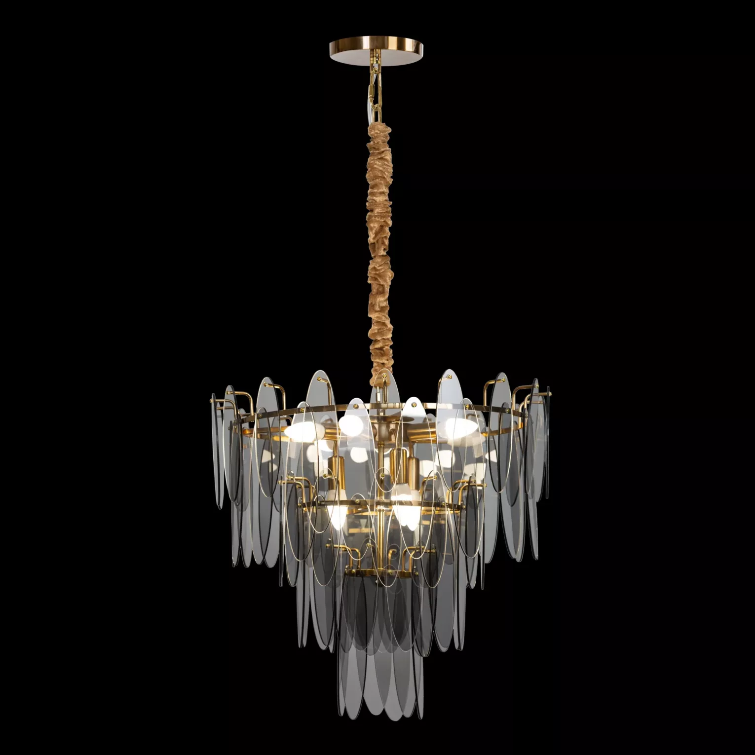 Lampa wisząca do salonu złota MARLA ze szklanymi zawieszkami z dymionego szkła, z regulacją wysokości 60 x 150 cm MARLA Eurofirany