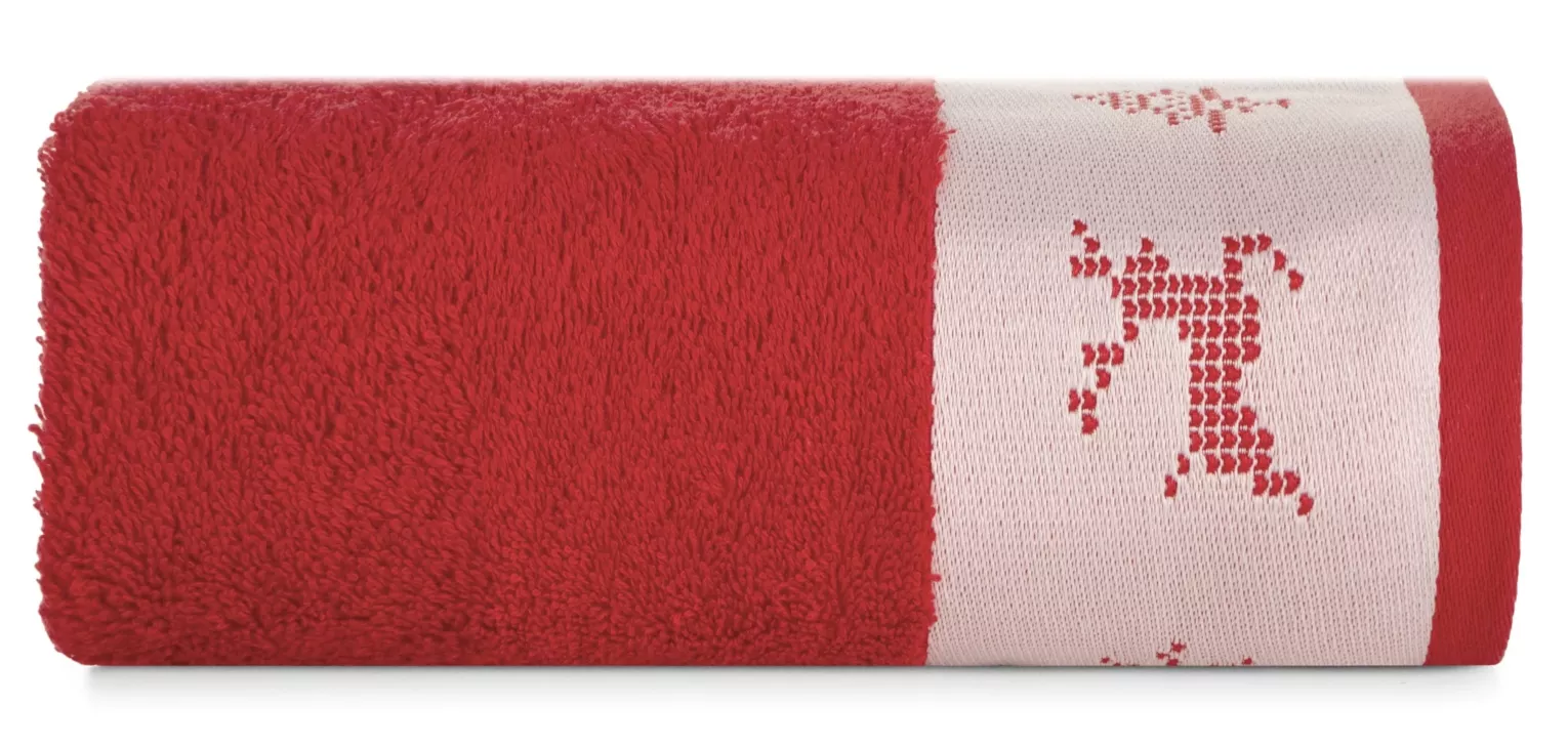 Ręcznik kąpielowy świąteczny 50x90 cm bawełniany kolor czerwony z żakardową bordiurą w stylu skandynawskim 480 g/m2 NOEL Eurofirany