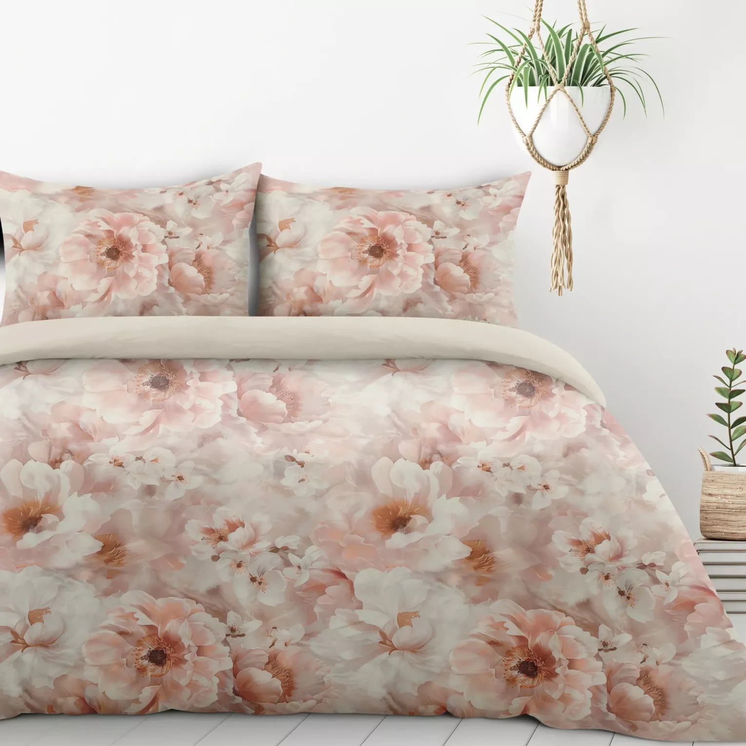 Pościel 160x200 cm komplet 3 częściowy  kolor biało, pudrowy z motywem okazałych kwiatów FLORINA Design 91 Eurofirany