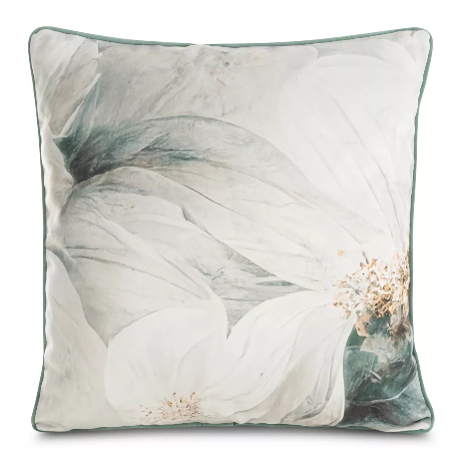 Poszewka na poduszkę 60x60 cm welwetowa z designerskim nadrukiem kwiatów i wypustką na brzegach beżowo, turkusowa EVA 5 EVA MINGE Eurofirany