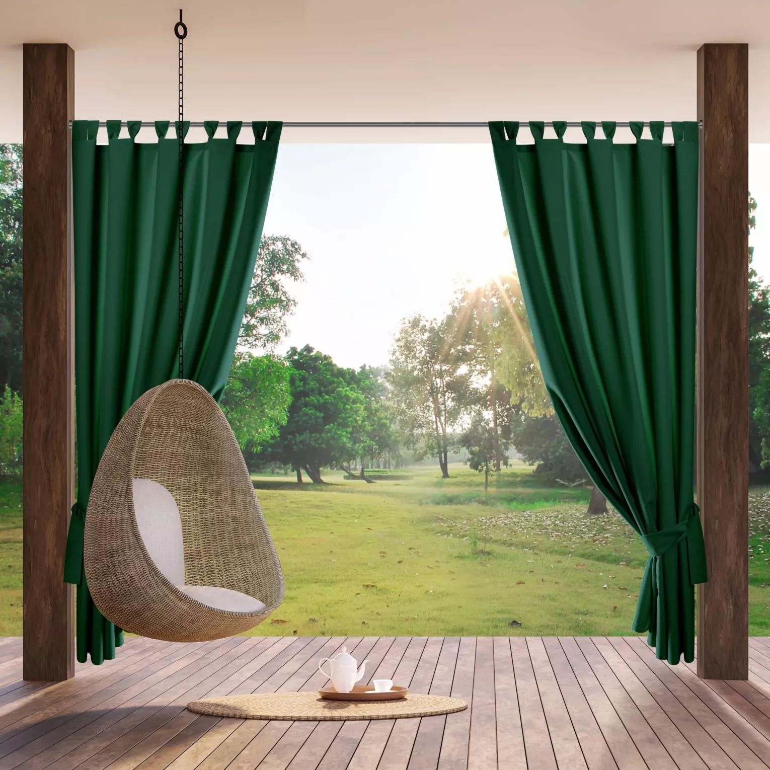 Zasłona ciemnozielona z wodoodpornej tkaniny idealna do ogrodu i na taras 155x240 cm szelki/rzep GARDEN Eurofirany