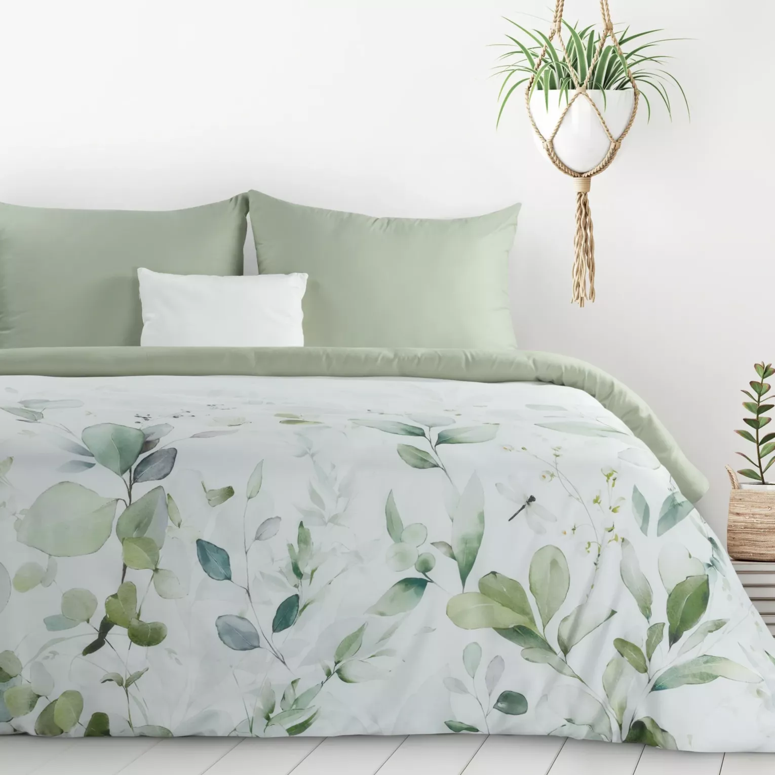 Pościel 160x200 cm komplet 3 częściowy  kolor biało, oliwkowy z motywem liści VERANO design 91 Eurofirany