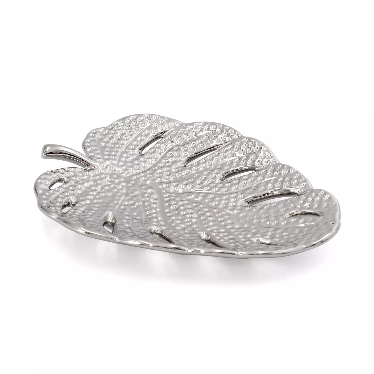 Patera dekoracyjna srebrna w kształcie liścia monstery 20x15x3 cm KARLO Eurofirany