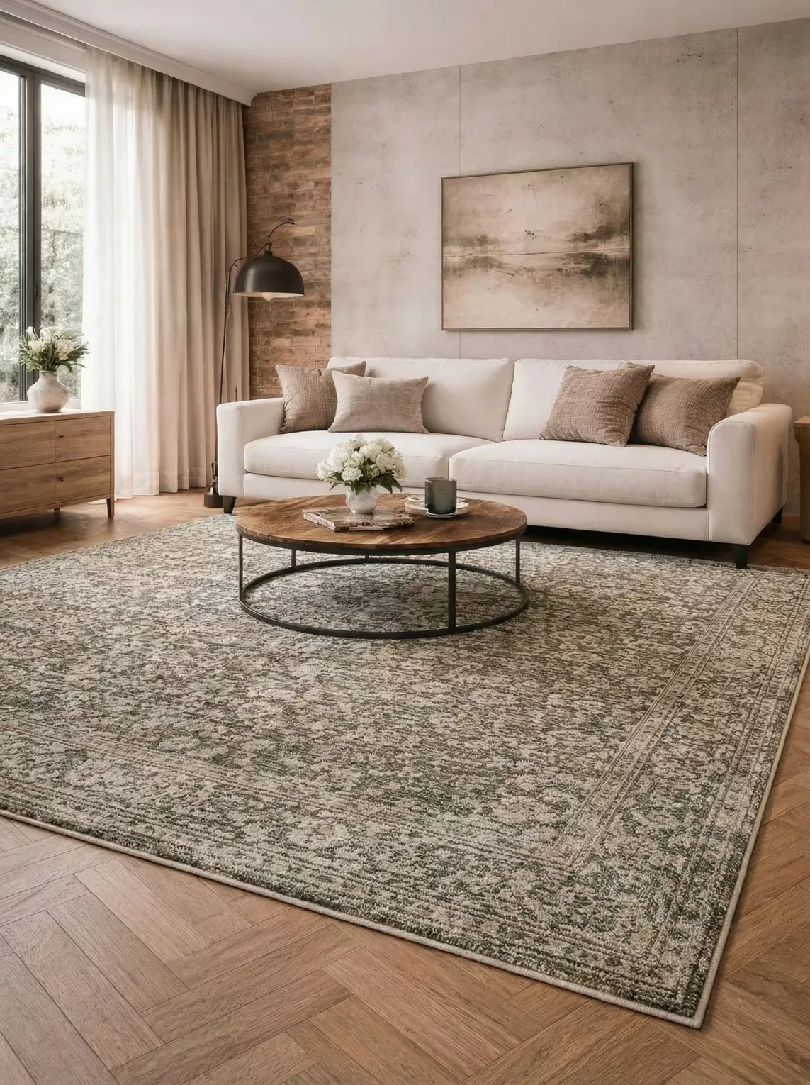 Dywan 140x150 cm oliwkowo, beżowy zdobiony przecieranym orientalnym wzorem MONTREAL Eurofirany