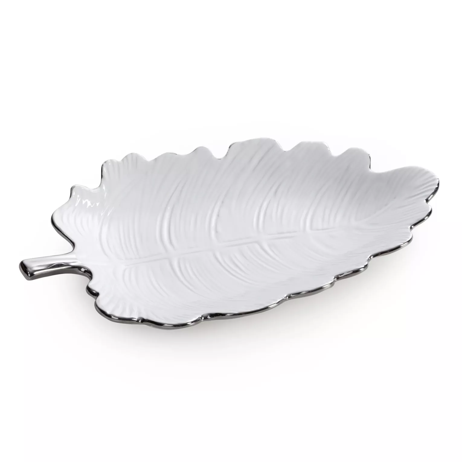 Patera ceramiczna dekoracyjna biało-srebrna w kształcie liścia 30x14x4 cm ALMA 1 Eurofirany