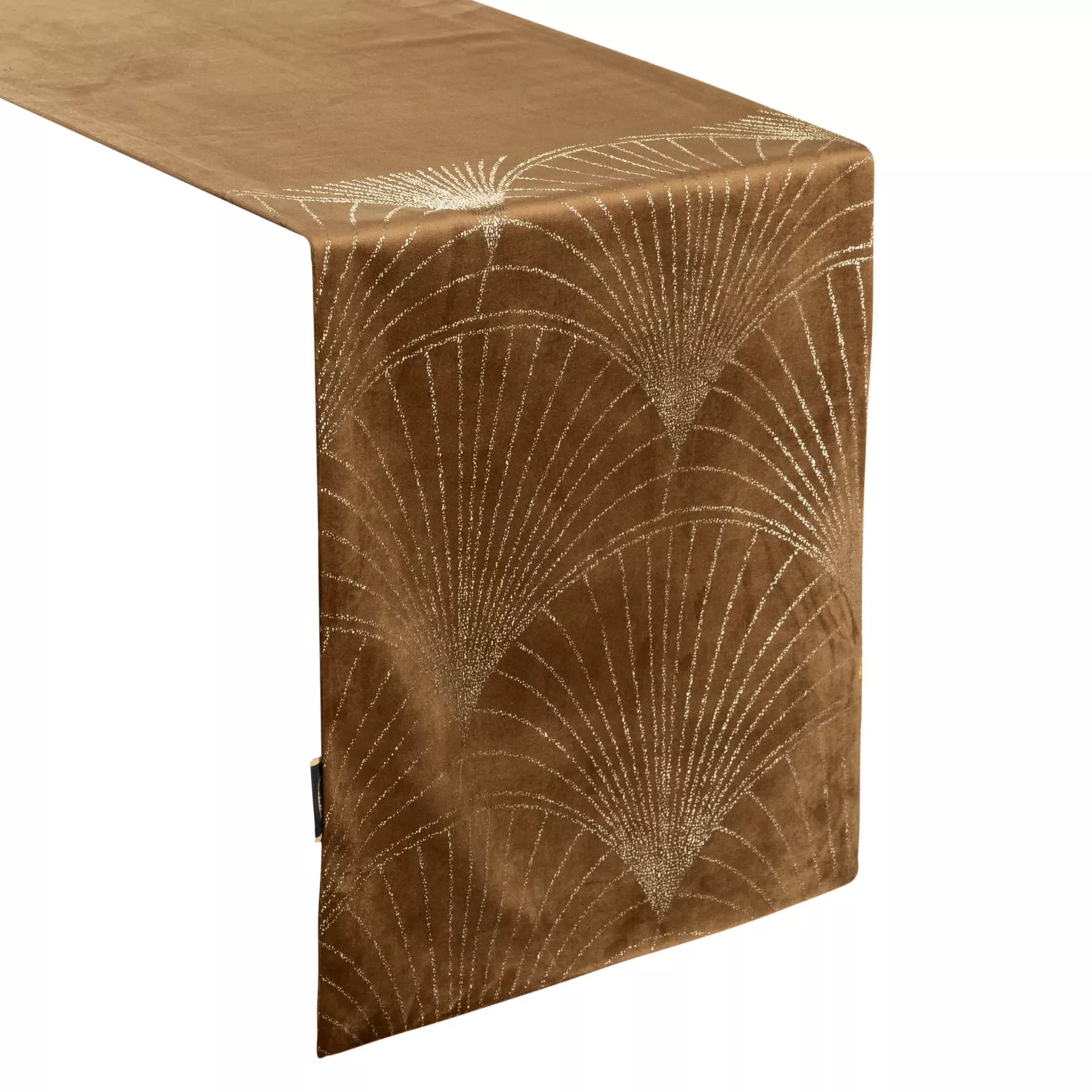 Bieżnik na stół brązowo, złoty 35x220 cm welwetowy BLINK 14 z welwetu z dużym wzorem wachlarzy w stylu art deco