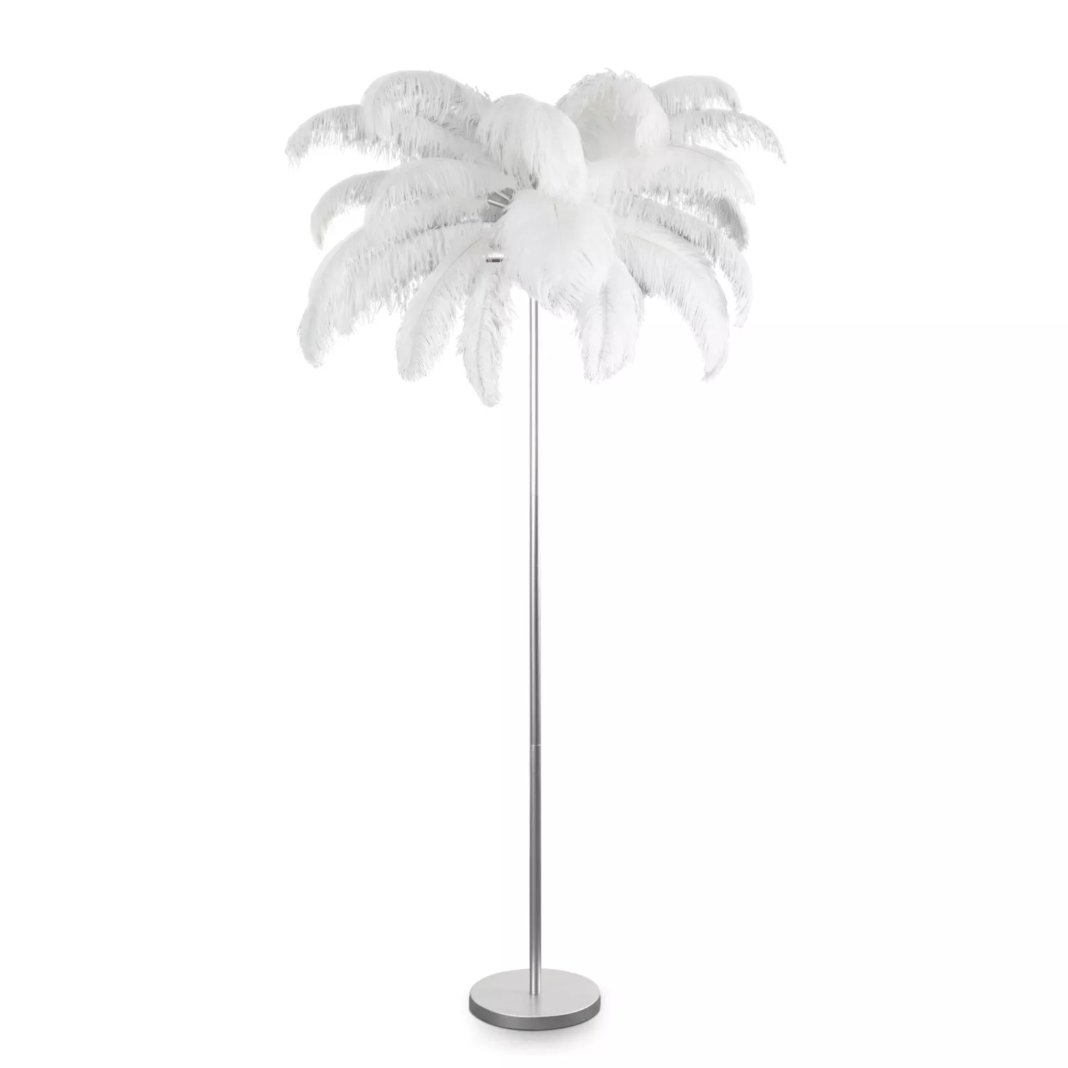 Lampa stojąca do salonu srebrno, biała na metalowej podstawie z efektownym abażurem z naturalnych strusich piór 95 x 95 x 180 cm FERI Eurofirany