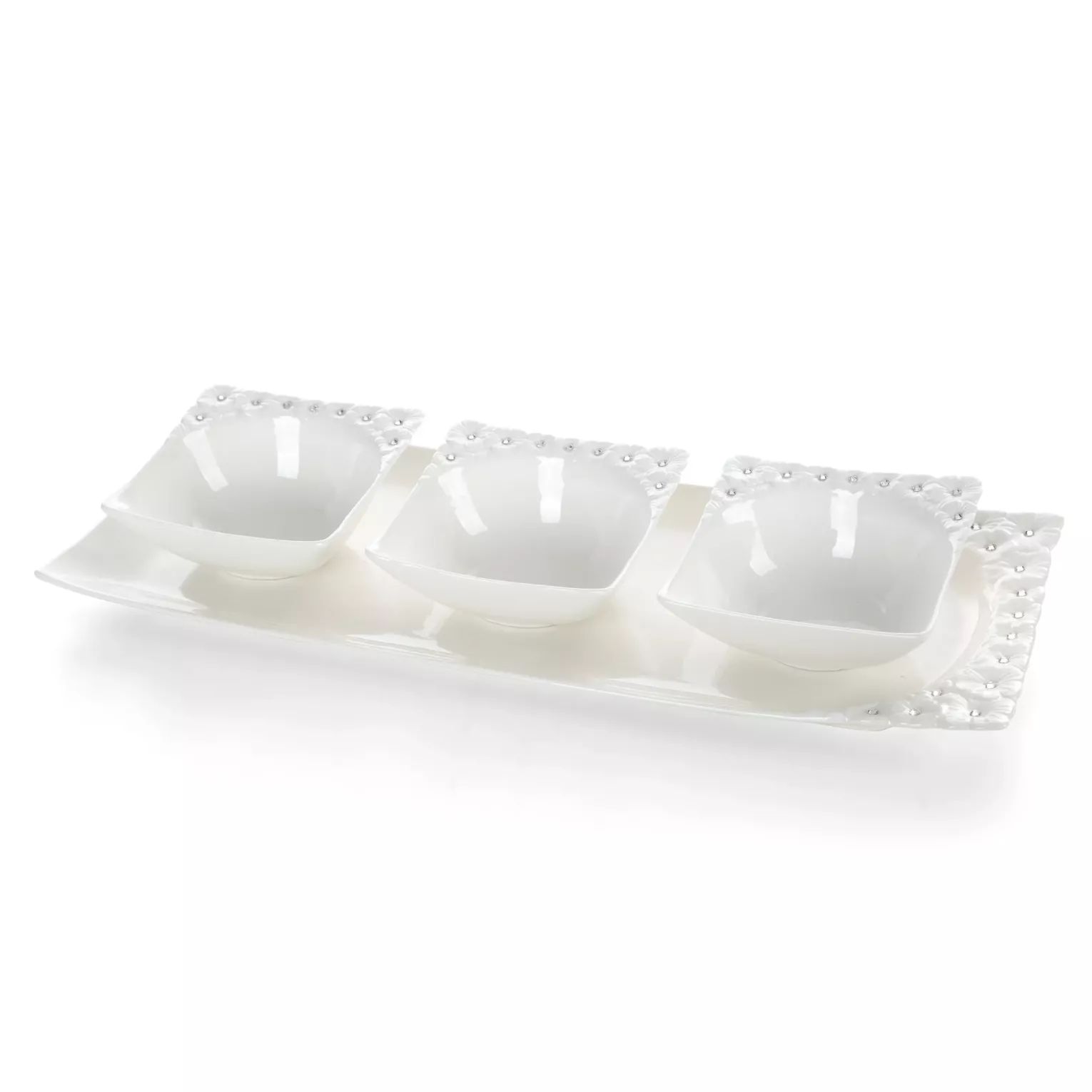 Komplet patera + 3 miseczki dekoracyjna biała zdobiona w drobne kwiaty z błyszczącym wykończeniem 40x16x5 cm ELISA  Eurofirany