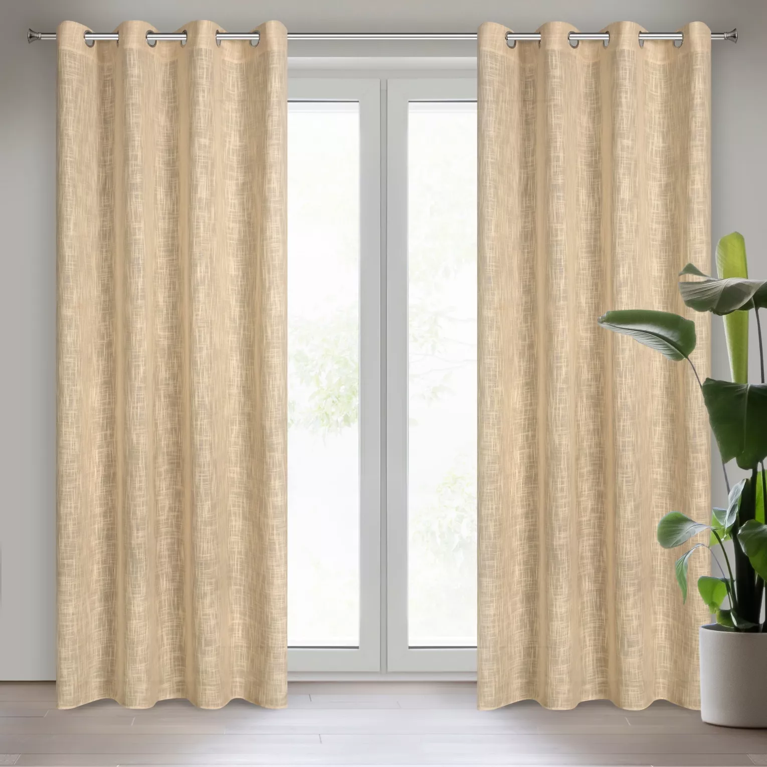 Zasłona beżowa o płóciennym splocie w stylu eko 140x250 cm przelotka LIREN Eurofirany