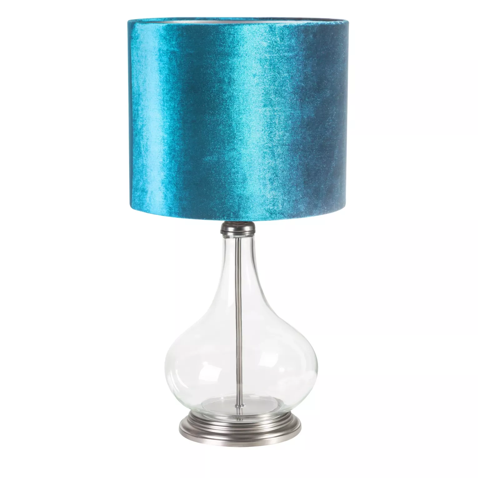 Lampa stołowa do pokoju turkusowa na podstawie z przezroczystego szkła z abażurem z lśniącego welwetu 32x61 cm KIM Eurofirany
