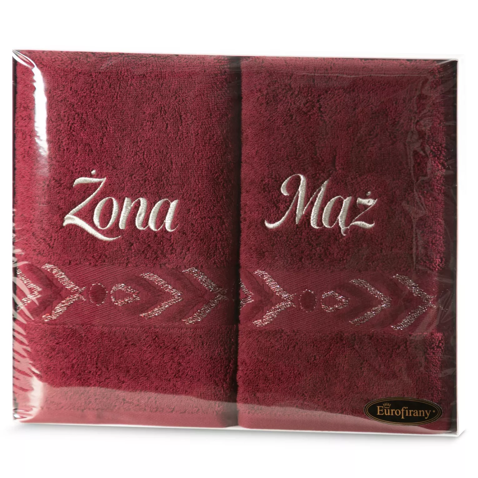 Zestaw ręczników bawełnianych na prezent 2 szt 50x90 cm kolor bordowy z ozdobnym haftem ŻONA MĄŻ Eurofirany