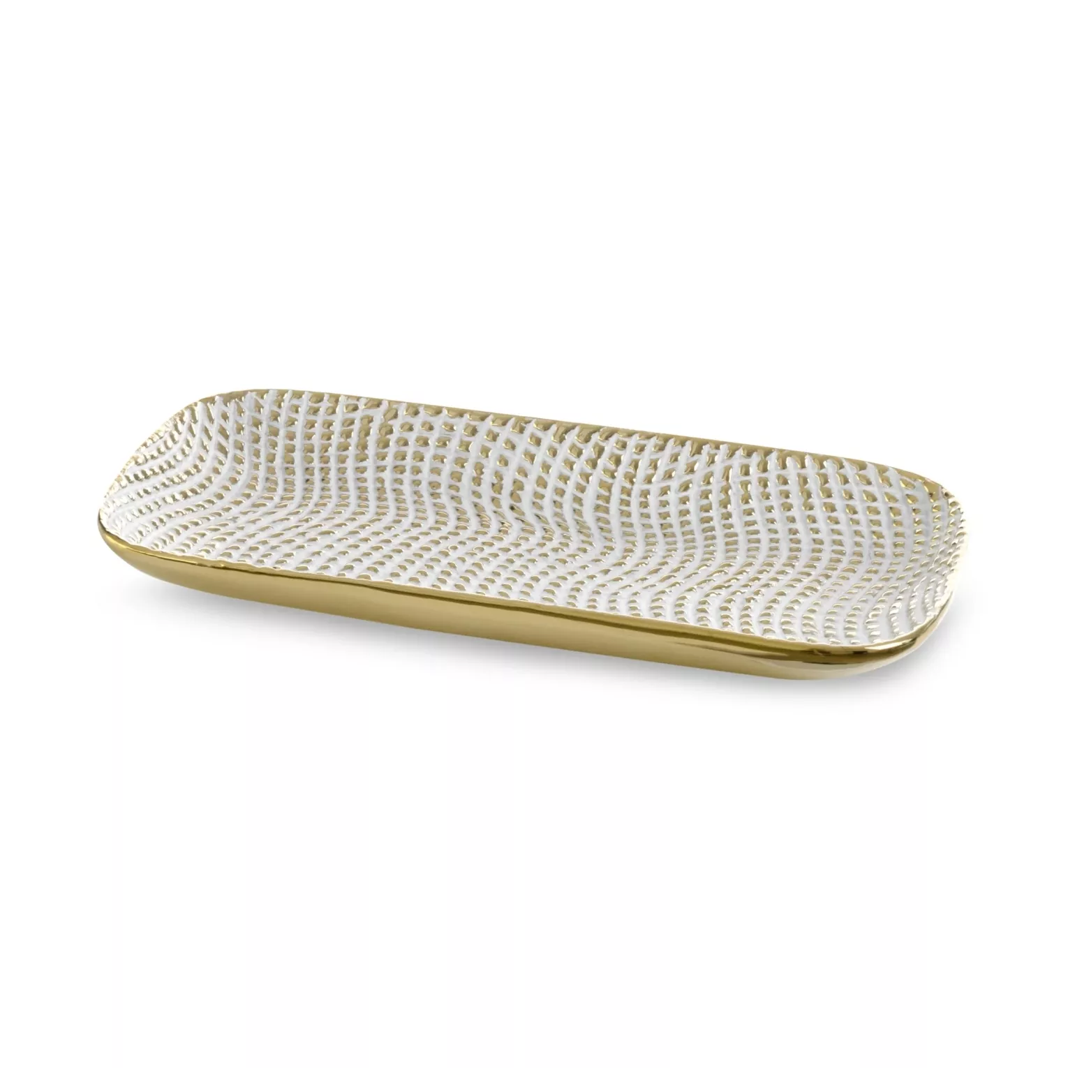 Patera ceramiczna dekoracyjna biało-złota o prostokątnym kształcie z drobnym wytłaczanym wzorem 30x16x3 cm VERDA Eurofirany
