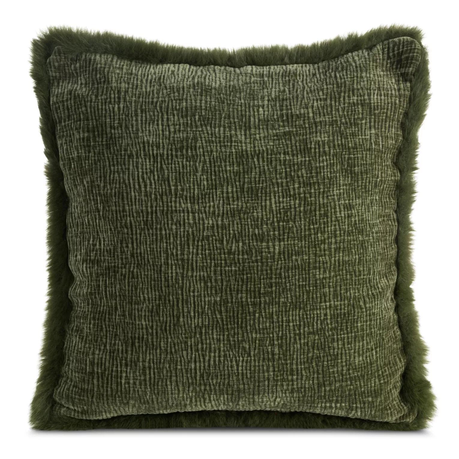 Poszewka na poduszkę 45x45 cm oliwkowa szenilowa zdobiona futerkiem na brzegach poszewki BLANCA 01 Eurofirany
