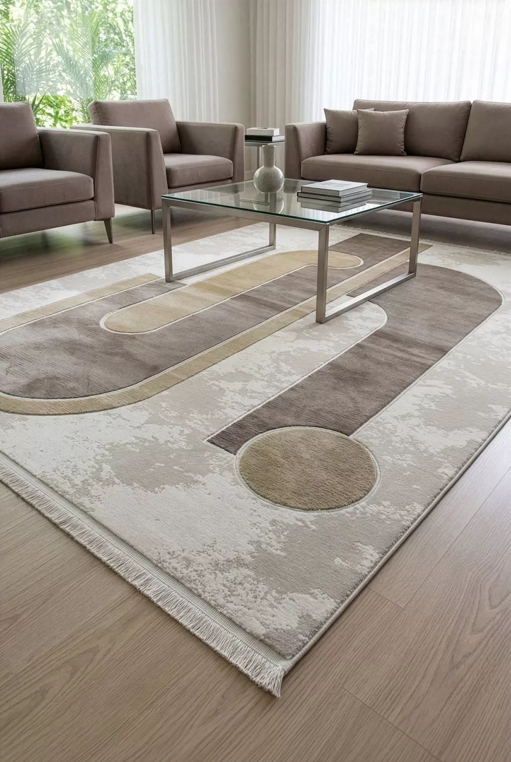Dywan 80x150 cm beżowy, jasnokremowy zdobiony geometrycznym motywem AURA7 Eurofirany