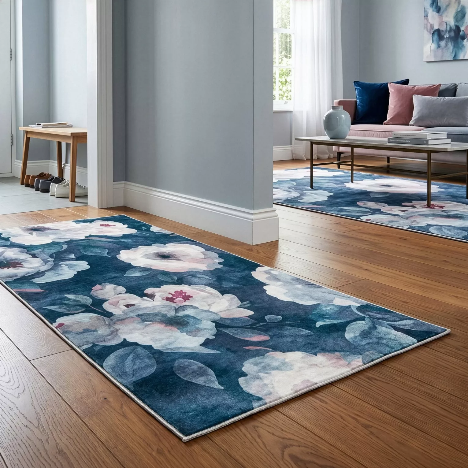 Dywan 50x80 cm ciemnoniebiesko, pudrowy z motywem kwiatu róży LOTUS 5 Eurofirany