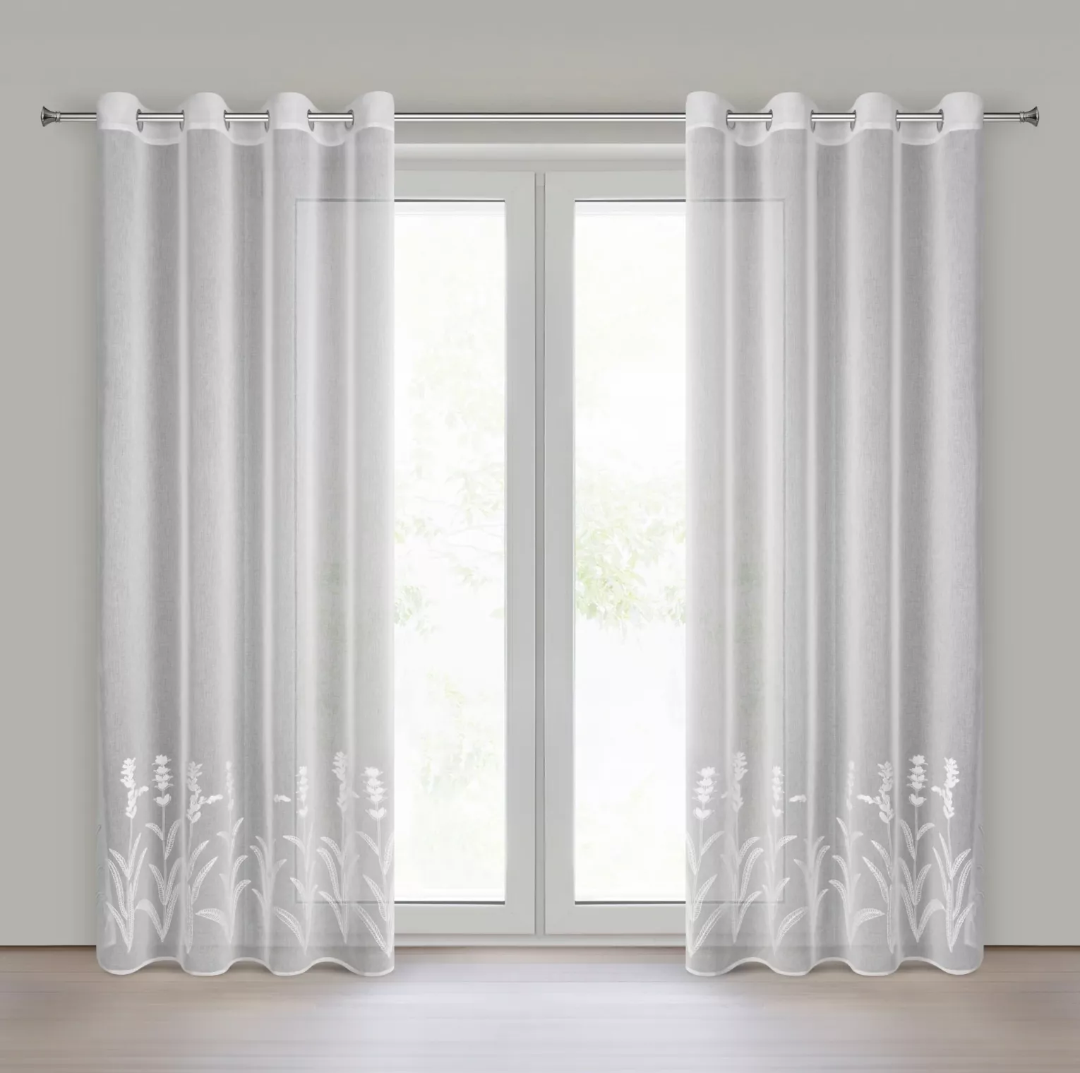 Firana biała z etaminy zdobiona haftem roślinnym 140x250 cm przelotka - TONYA Eurofirany