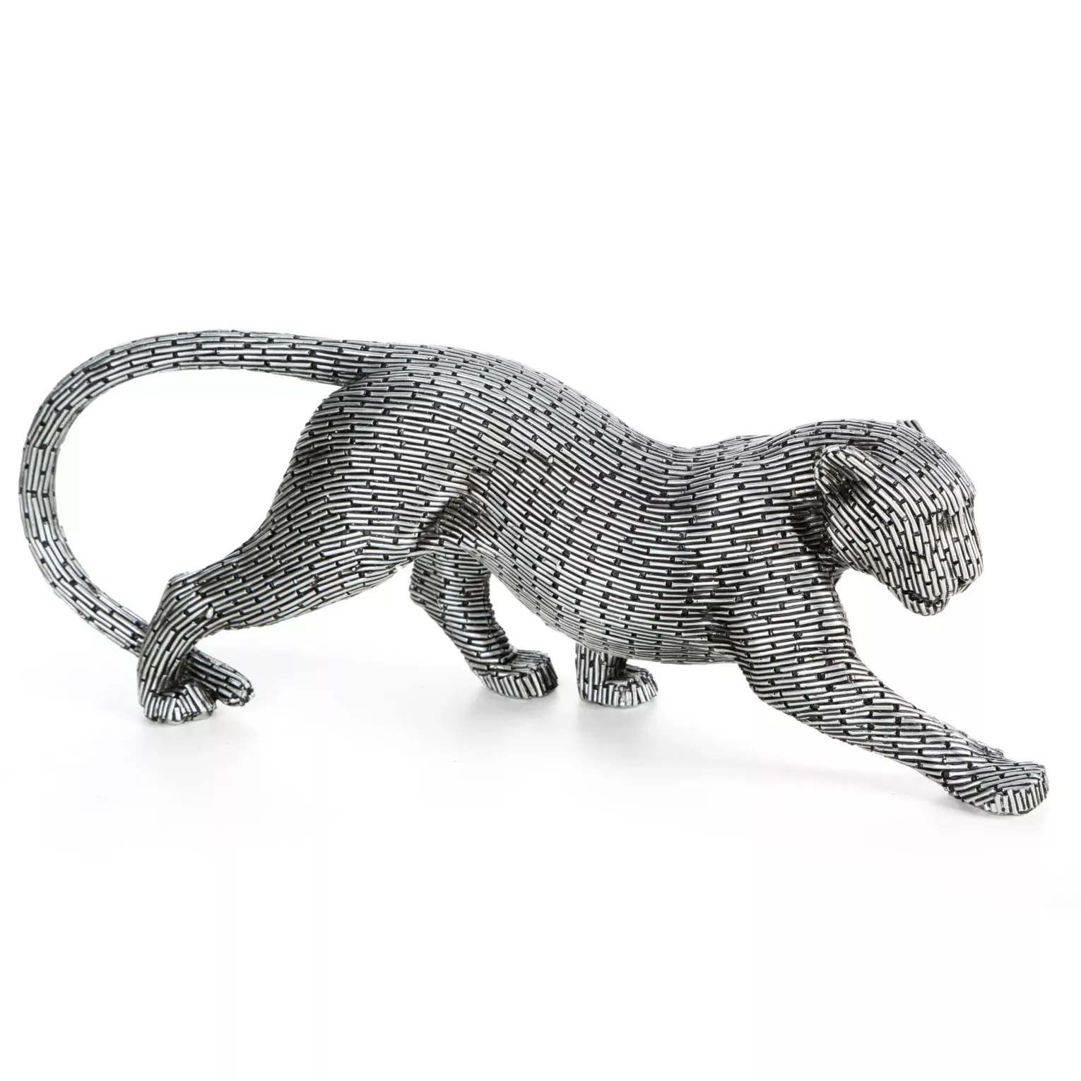 Figurka srebrna w kształcie geparda z metaliczną geometryczną strukturą 34x8x12 cm ZURI Eurofirany