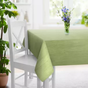 Obrus szyty oliwkowy z tkaniny welwetowej w pionowe prążki, wykończona obciążnikiem