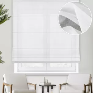 Roleta rzymska biała z matowej cienkiej etaminy, wykończona obciążnikiem