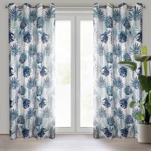 Zasłona biało, granatowa zdobiona błyszczącym egzotycznym nadrukiem z tkaniny typu oxford 140x250 cm przelotka MALTA  Eurofirany