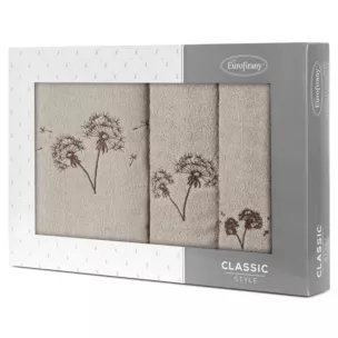 Zestaw ręczników bawełnianych 3 szt kolor beżowy, brązowy z haftem dmuchawca 400 g/m2 MOLI Eurofirany