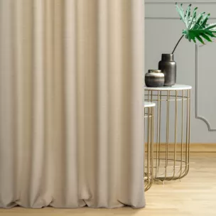 Zasłona szyta na flexach beżowa z miękkiej tkaniny o naturalnym splocie w stylu ekologicznym