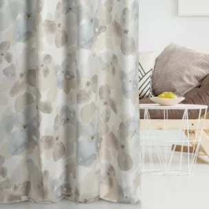 Zasłona szyta na flexach kremowo beżowa z miękkiej tkaniny o lekkim splocie, pokryta modnym, botanicznym nadrukiem