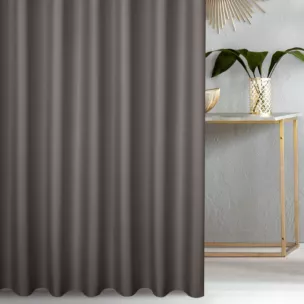 Zasłona szyta na taśmie fala szara z gładkiej tkaniny zaciemniającej typu dimout wykończona obciążnikiem