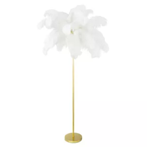 Lampa stojąca do salonu biało, złota FERI na metalowej podstawie z efektownym abażurem z naturalnych strusich piór Eurofirany