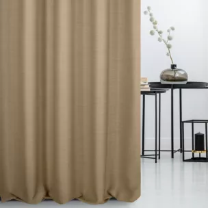 Zasłona szyta na tunelu ciemnobeżowa z miękkiej tkaniny o naturalnym splocie w stylu ekologicznym