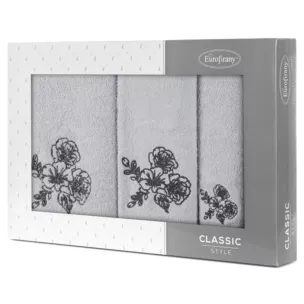 Zestaw ręczników bawełnianych 3 szt kolor srebrny, stalowy z haftem kwiatów 400 g/m2 MELANI Eurofirany