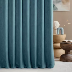 Zasłona szyta na taśmie 5 cm ciemnoniebieska z tkaniny o naturalnym splocie z efektem melanżu