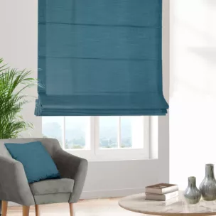 Roleta rzymska turkusowa z miękkiej tkaniny o naturalnym splocie w stylu ekologicznym