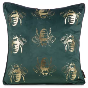 Poszewka na poduszkę 45x45 cm welwetowa z symetrycznym nadrukiem pszczół ciemnozielono, złocista BILNK Eurofirany