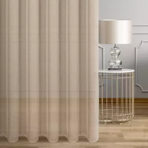 Firana szyta na przelotkach beżowa z drobnej siateczki, wykończona obciążnikiem